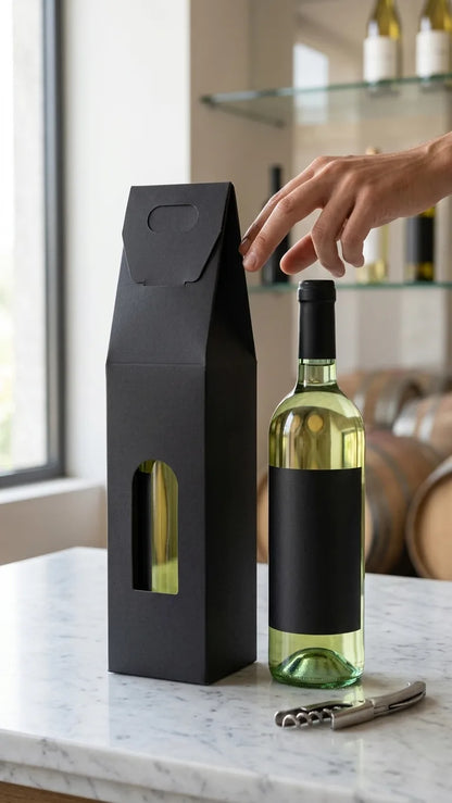 Caixa de cartão preta para garrafa de vinho parcialmente aberta com garrafa no interior, mostrando o sistema de fecho e a embalagem pronta para utilização.