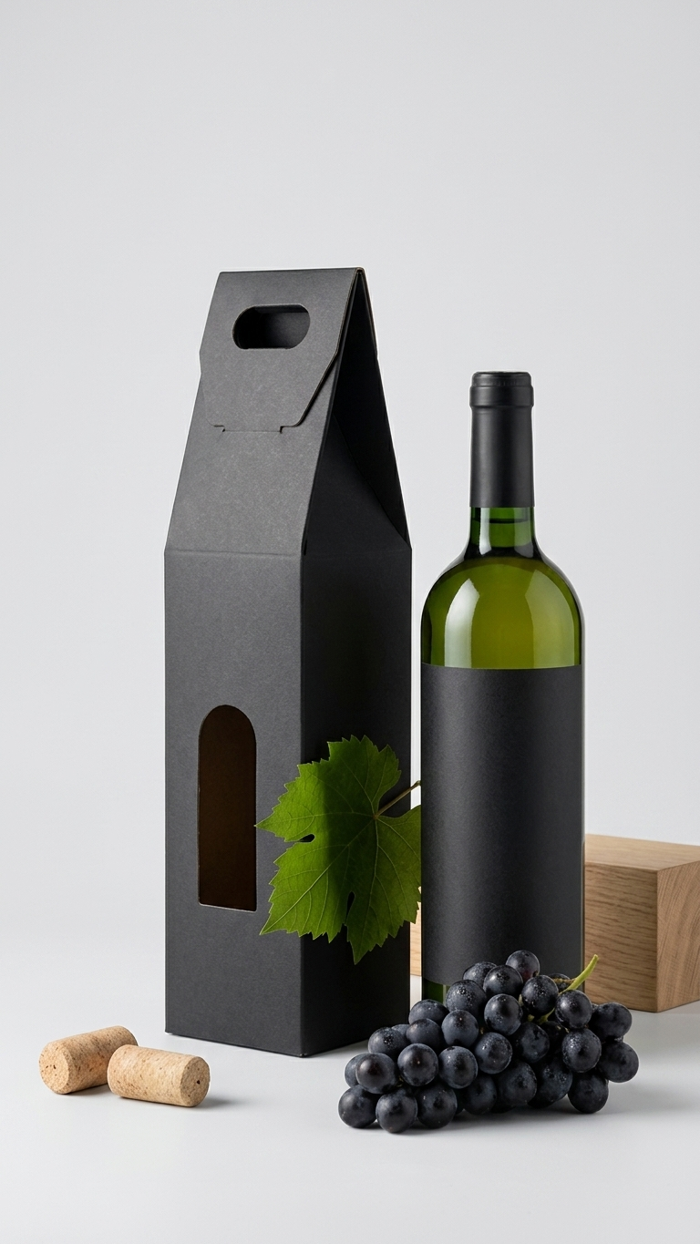 Caixa de cartão preta para garrafa de vinho com janela frontal e garrafa de vinho ao lado, embalagem premium para oferta e transporte de garrafas.