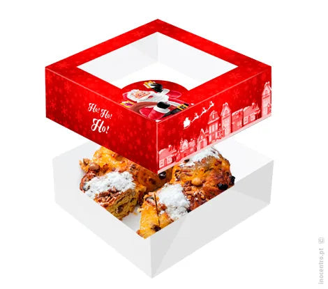 Caixa de cartolina para Bolo Rei com tampa vermelha de Natal e janela, aberta com bolo rei lá dentro