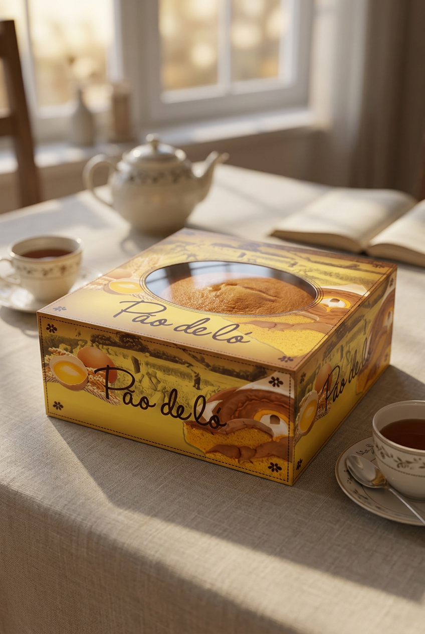 Caixa para pão de ló com janela transparente numa mesa de lanche com chávenas de chá