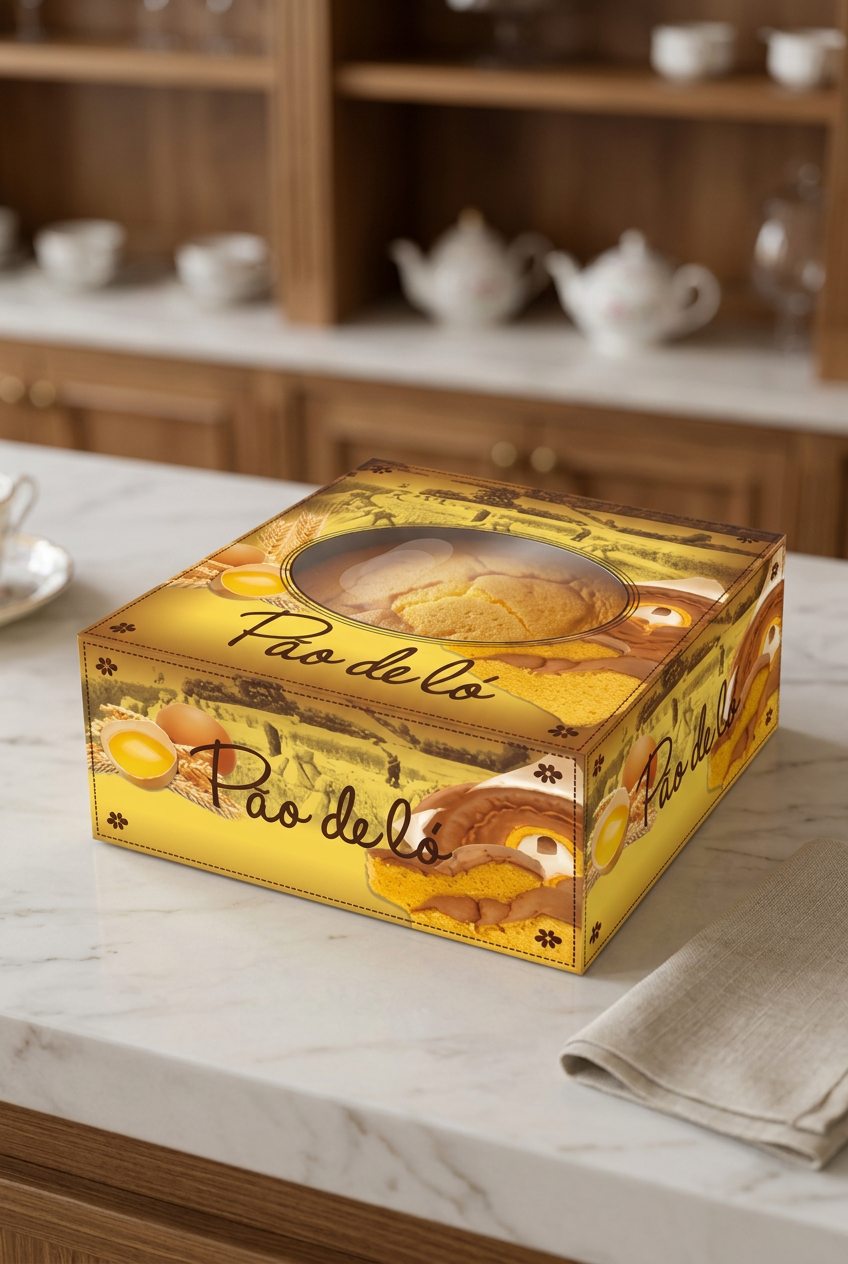 Caixa para pão de ló com janela transparente num balcão de pastelaria
