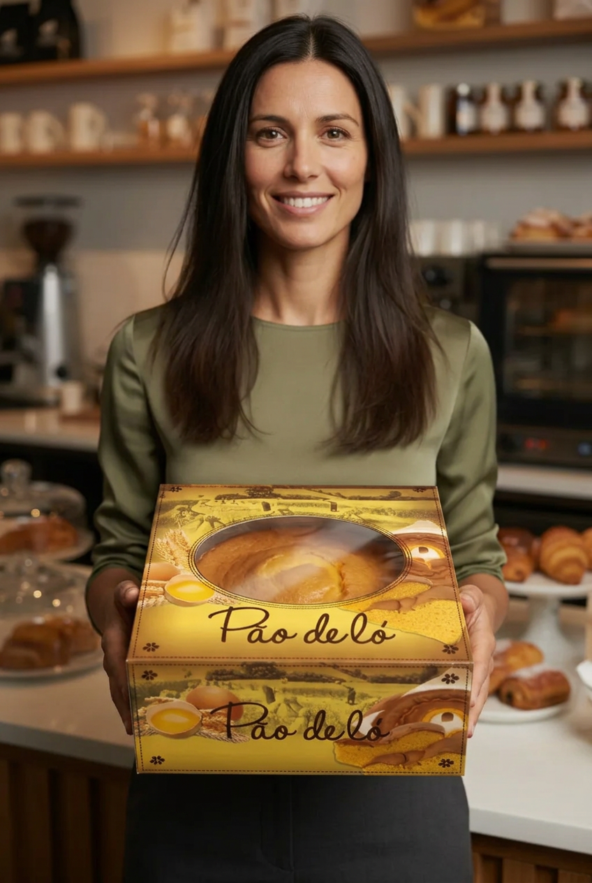 Funcionária de pastelaria a segurar uma caixa para pão de ló com janela transparente, pronta a entregar ao balcão