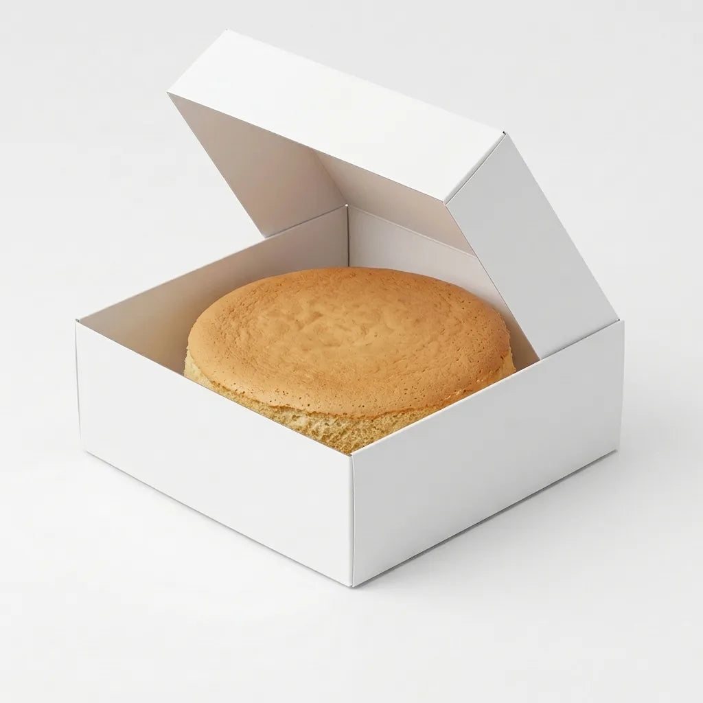 Caixa de cartão para pastelaria aberta com um bolo no interior