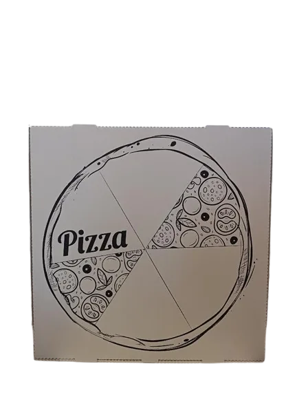 Caixa para pizza branca com desenho de pizza impresso na tampa