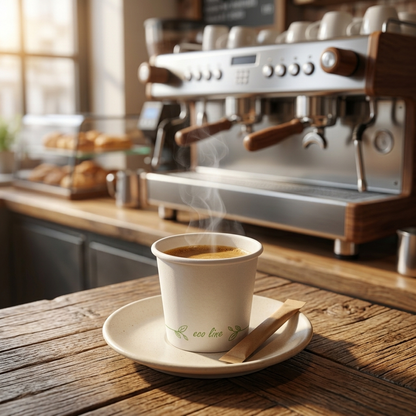 Copo de café de papel de 90ml com expresso num pires junto a uma máquina de café