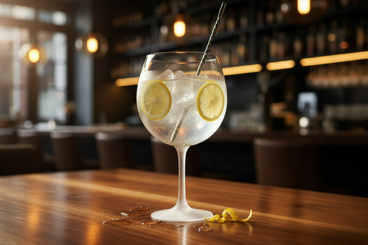 Copo de gin plástico baço em mesa de bar