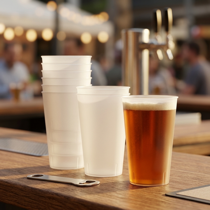 Copos imperiais reutilizáveis com cerveja no balcão de um bar