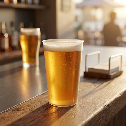 Copo imperial reutilizável cheio de cerveja num balcão de bar