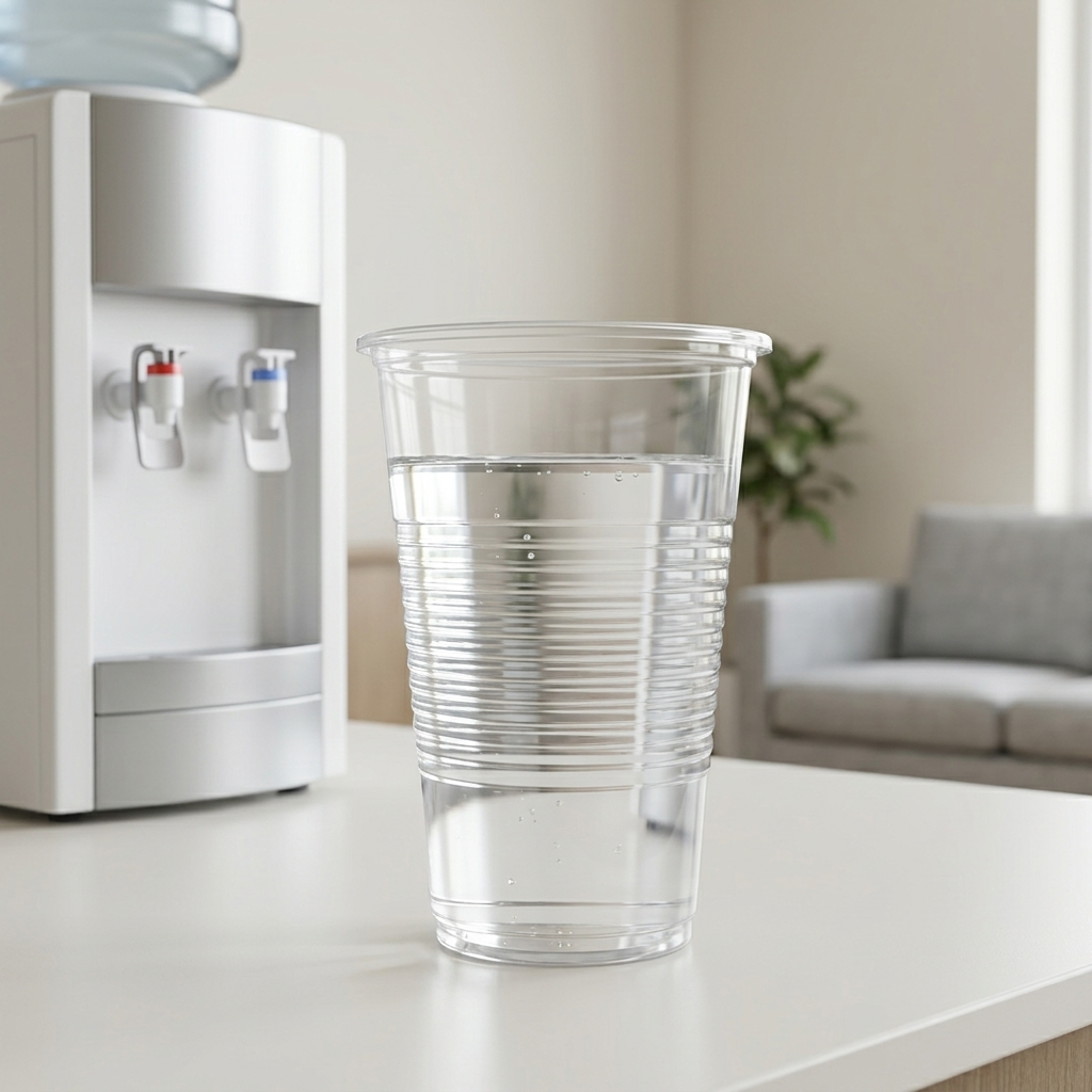 Copo incolor de 220ml com água junto a um dispensador de água