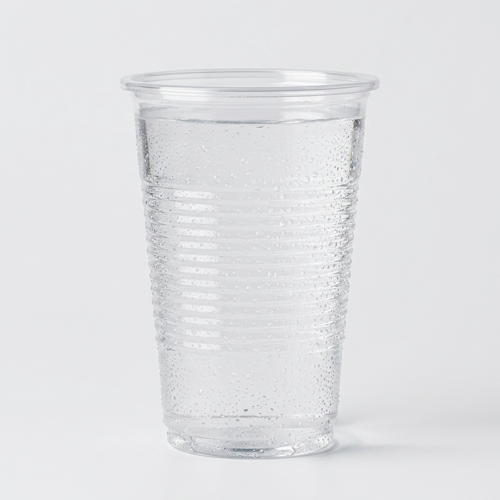 Copo incolor de plástico de 220ml vazio em fundo claro