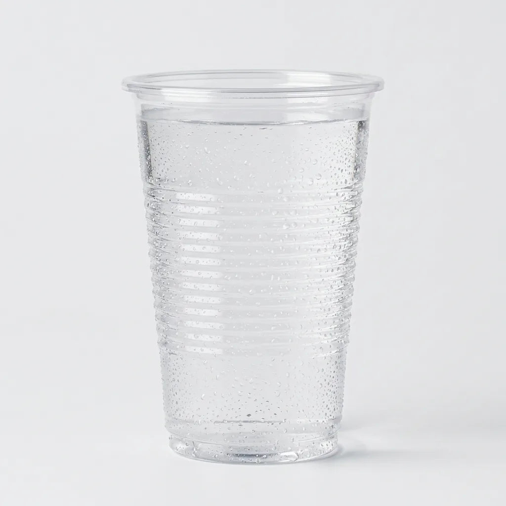 Copo incolor de plástico de 220ml vazio em fundo claro