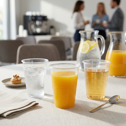 Copo incolor de 220ml com sumo de laranja numa mesa de pequeno-almoço