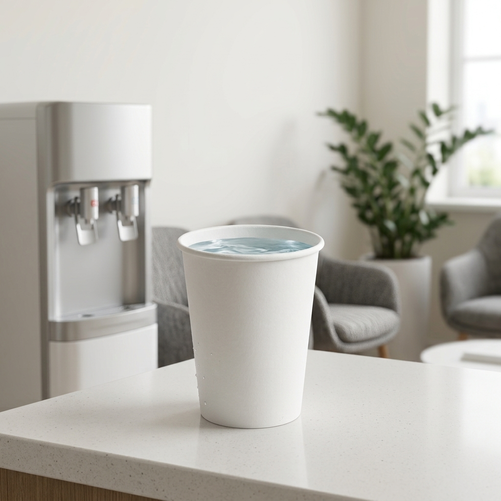 Copo de papel branco de 200ml junto a um dispensador de água numa recepção