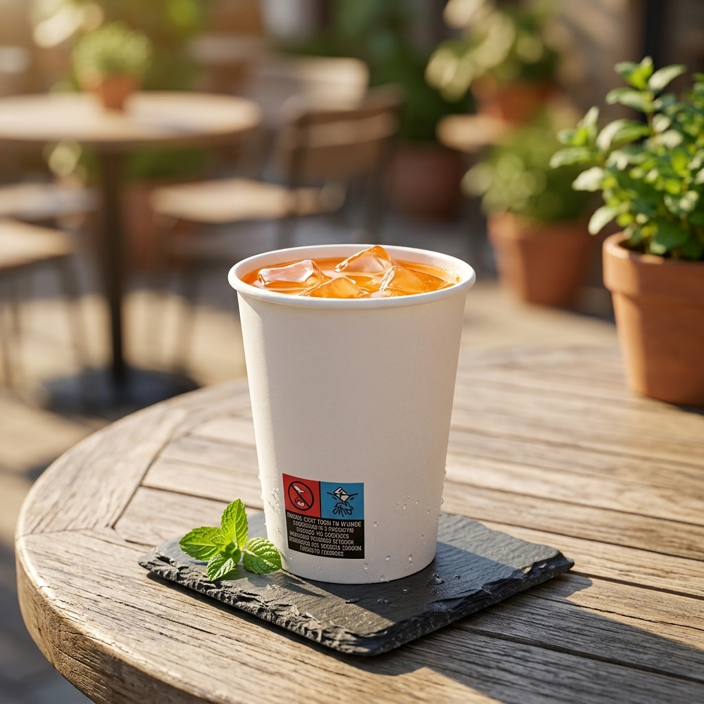 Copo de papel de 240ml com bebida fria numa mesa de esplanada