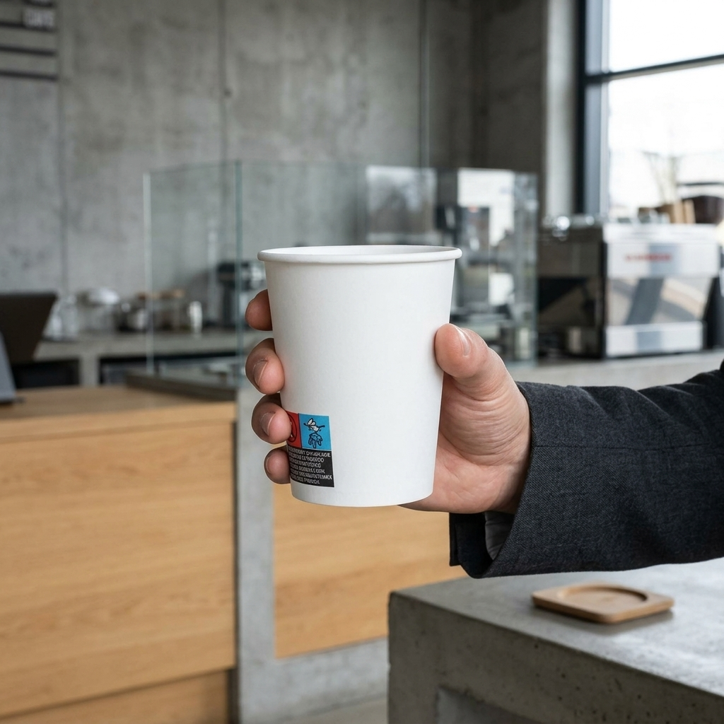 Copo de papel de 240ml com bebida quente segurado num café