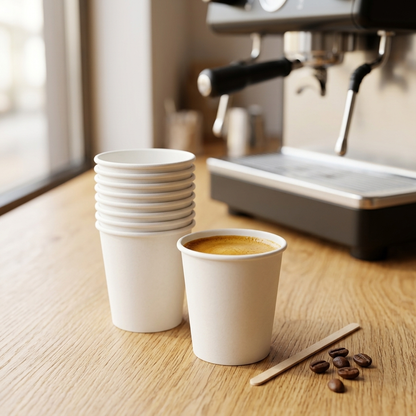 Copos de papel de 120ml empilhados junto a uma máquina de café num balcão