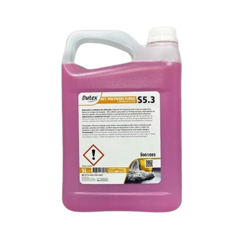 Garrafão de detergente multiusos floral 5 L Dutex S5.3 sobre fundo branco