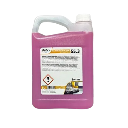 Garrafão de detergente multiusos floral 5 L Dutex S5.3 sobre fundo branco