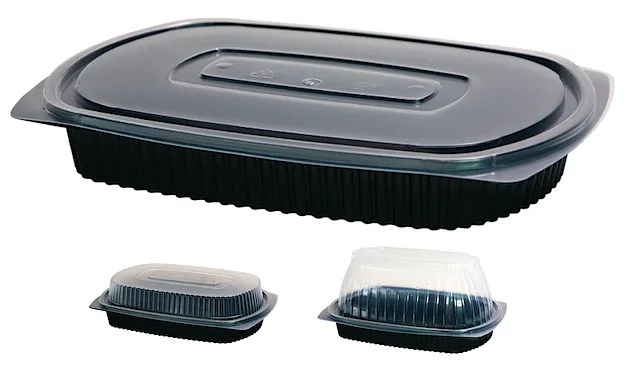 Embalagem Deluxe Mani M600 em PP preto com tampa, e dois modelos mais pequenos por baixo