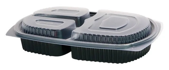 Embalagem Deluxe em PP preto com três compartimentos e tampa transparente para take away