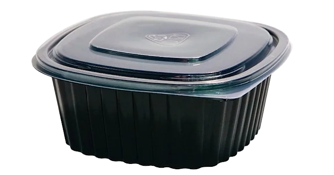 Embalagem Deluxe quadrada em PP preto com tampa transparente para take away