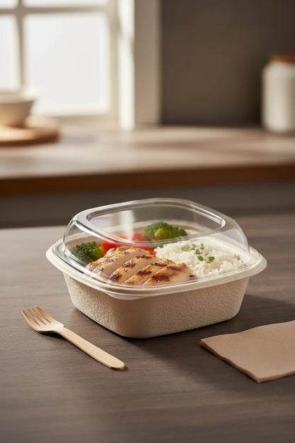 Embalagem take away gKraft BioShield 1L com carne, arroz e legumes e tampa transparente