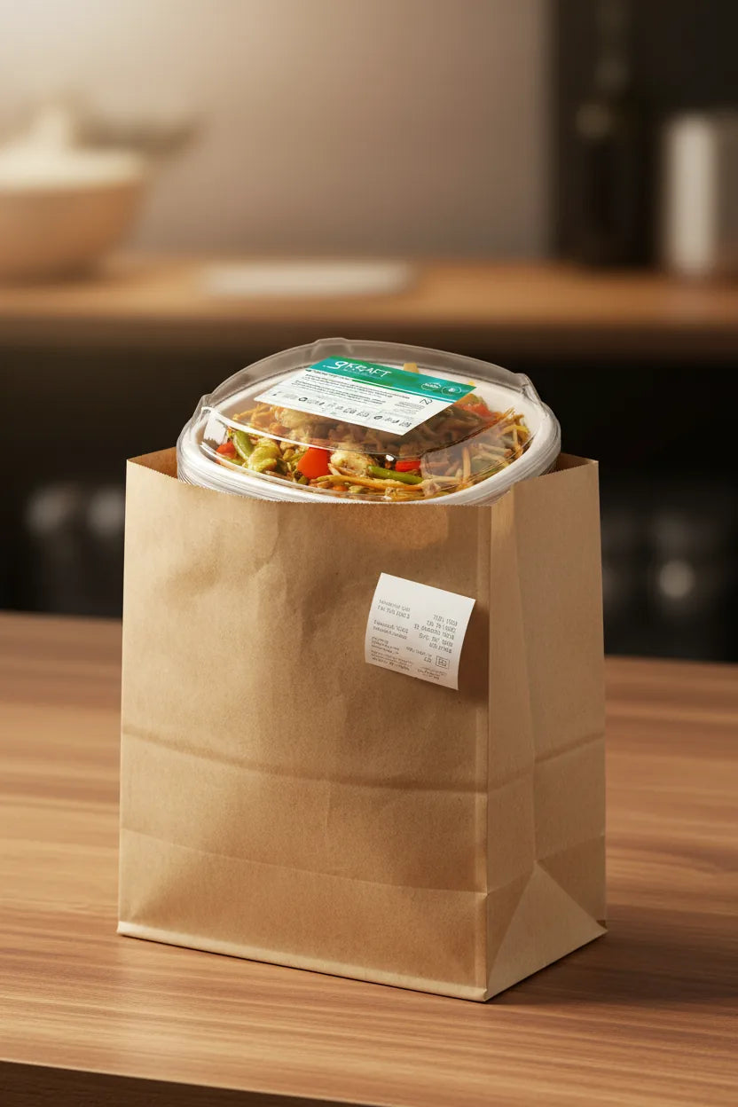 Embalagem take away gKraft BioShield 1L dentro de um saco de papel kraft