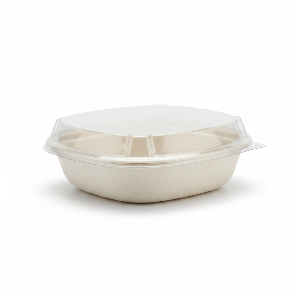 Embalagem take away gKraft BioShield 1L em fibra moldada com tampa transparente — RAS Embalagens