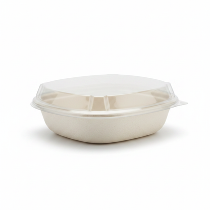 Embalagem take away gKraft BioShield 1L em fibra moldada com tampa transparente — RAS Embalagens