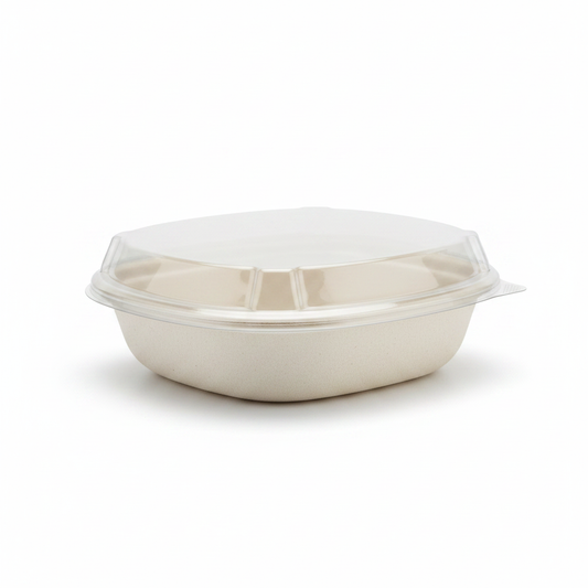 Embalagem take away gKraft BioShield 1L em fibra moldada com tampa transparente — RAS Embalagens