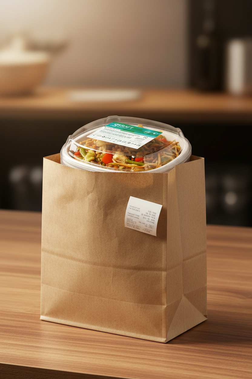 Embalagem take away gKraft BioShield 1L fechada num saco de papel, pronta a levar — RAS Embalagens