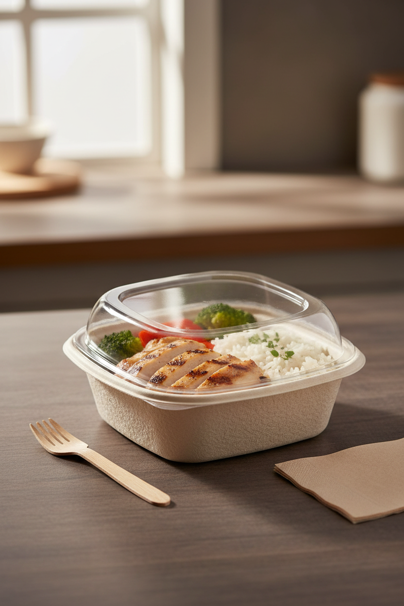Embalagem take away gKraft BioShield 1L com uma refeição individual, tampa transparente — RAS Embalagens