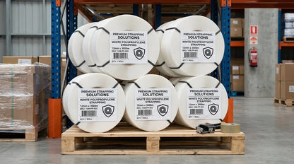 Rolos de fita de cintar PP em stock em prateleira de armazém — RAS Embalagens