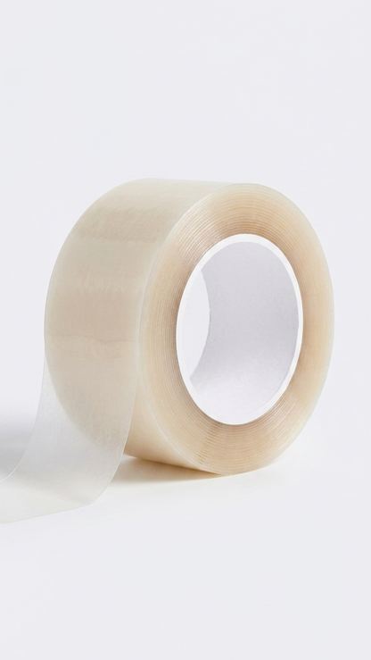 Rolo de fita adesiva transparente de 80 mm, tom creme, em fundo neutro — RAS Embalagens
