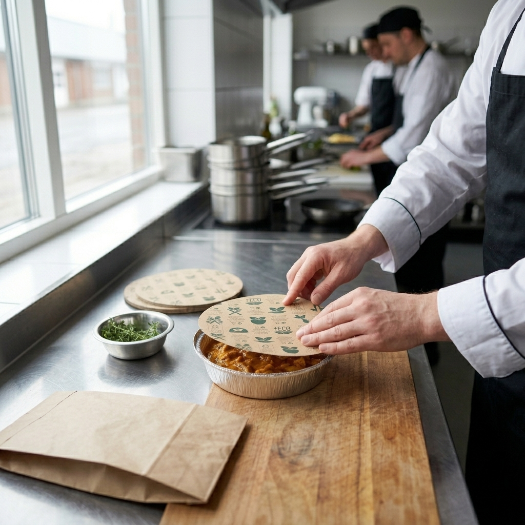 Cozinheiros a preparar refeições em formas de alumínio para take away — RAS Embalagens