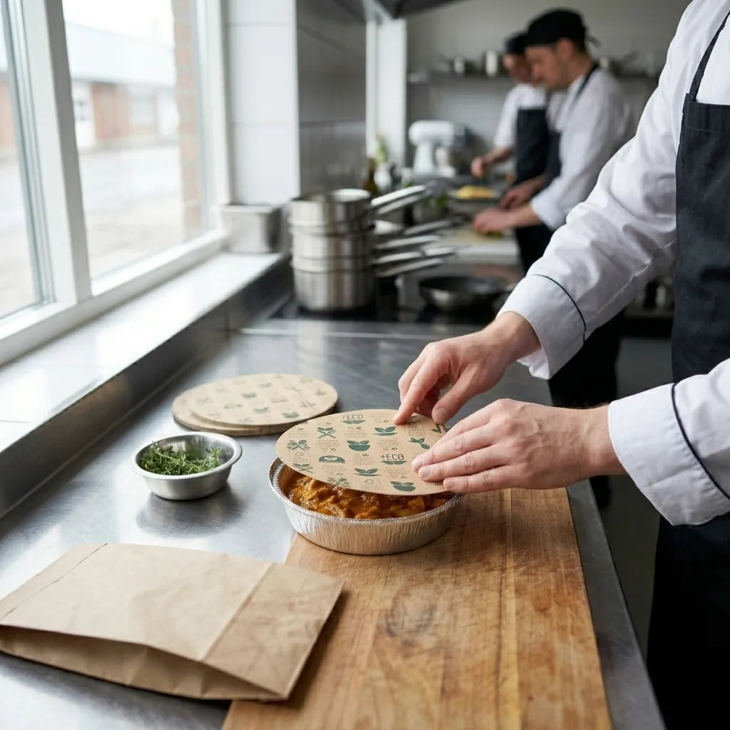 Cozinheiros a preparar refeições em formas de alumínio para take away — RAS Embalagens