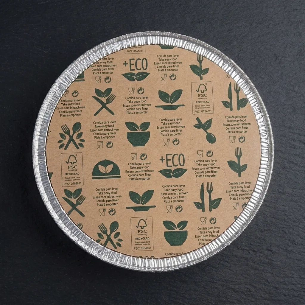 Forma de alumínio redonda fechada com tampa de cartão eco para take away — RAS Embalagens