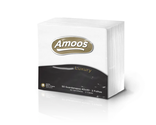 Pack de guardanapos Amoos Luxury 40x40 cm de 2 folhas, com embalagem branca e preta