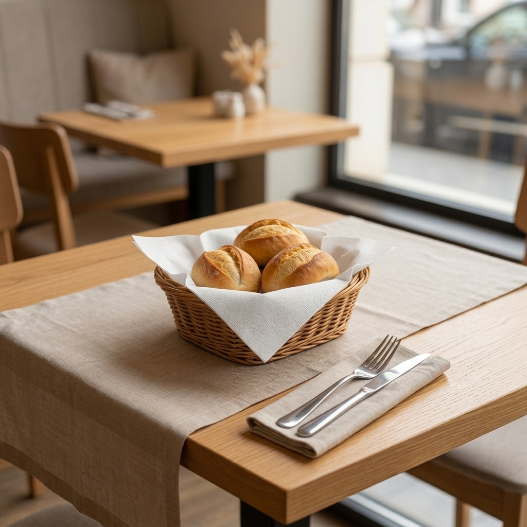 Cesta de pão forrada com guardanapo de bar 17x17 numa mesa de restaurante — RAS Embalagens