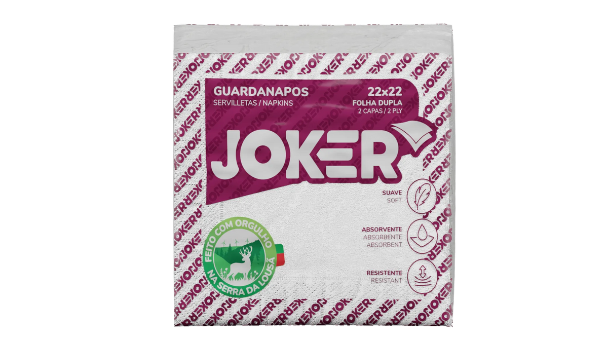Pack de guardanapos Joker 22x22 de folha dupla, em embalagem às riscas bordô