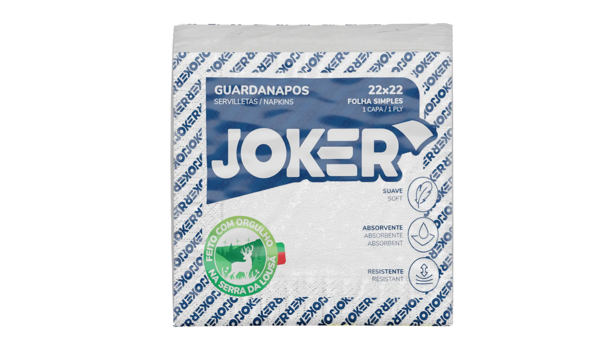 Pack de guardanapos Joker 22x22 de folha simples, em embalagem às riscas azuis