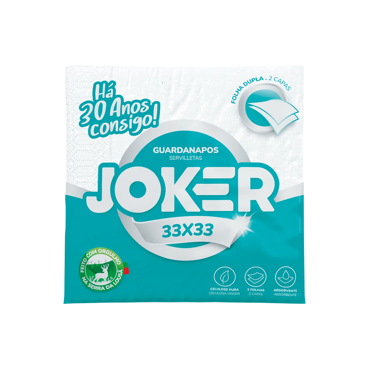 Pack de guardanapos Joker 33x33 de 2 folhas, em embalagem turquesa e branca