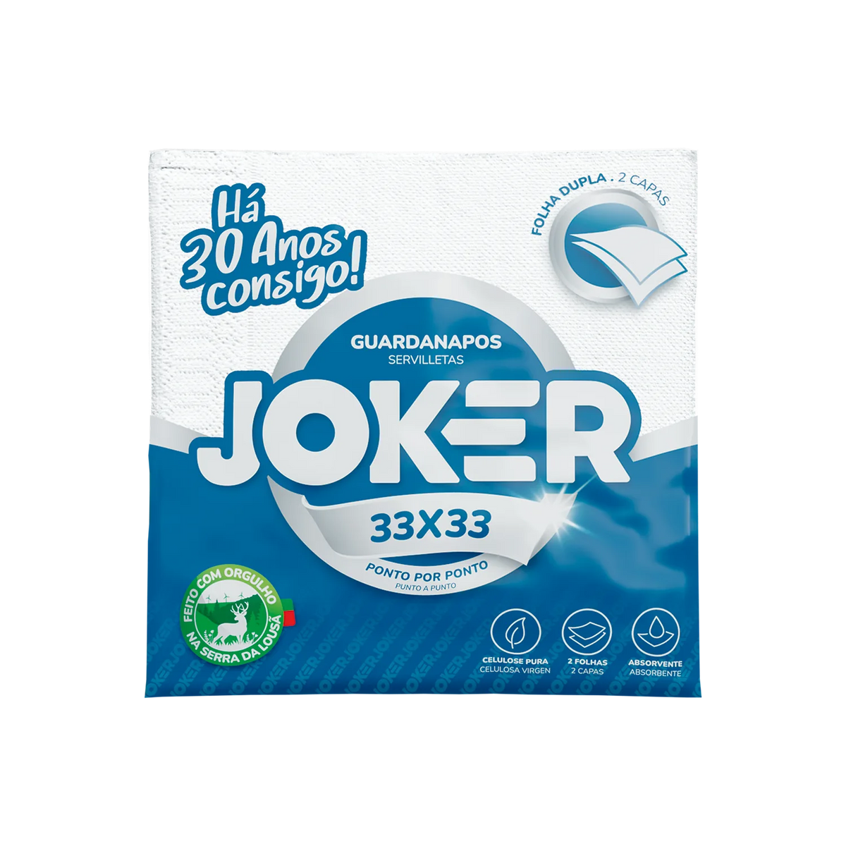 Pack de guardanapos Joker 33x33 ponto por ponto, em embalagem azul e branca