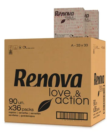 Caixa de cartão de guardanapos Renova Love & Action 33x33 cm com 36 packs de 90 unidades