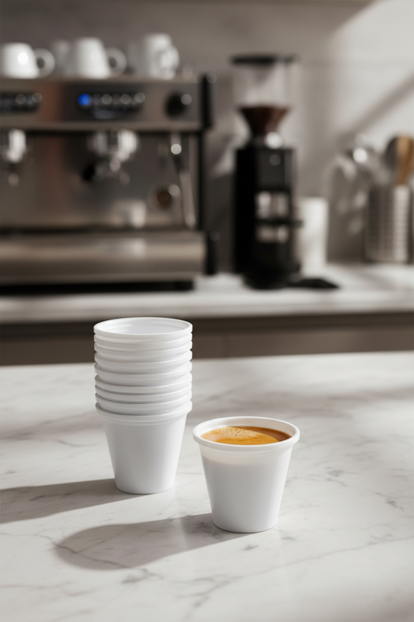 Coluna de copos de café de plástico de 80ml empilhados com um expresso à frente