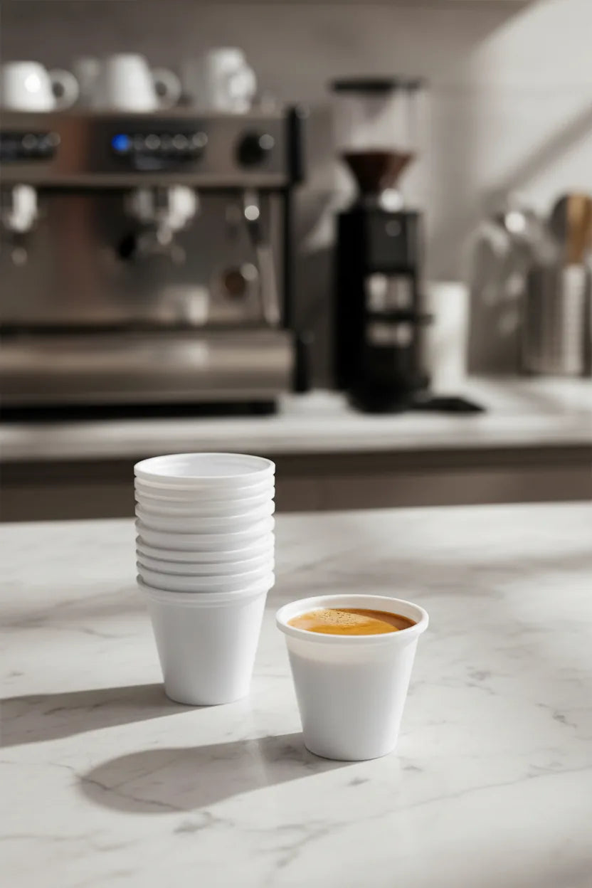 Coluna de copos de café de plástico de 80ml empilhados com um expresso à frente