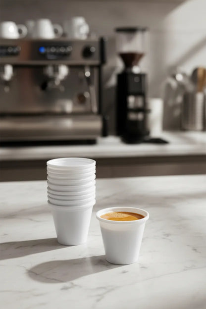 Coluna de copos de café de plástico de 80ml empilhados com um expresso à frente