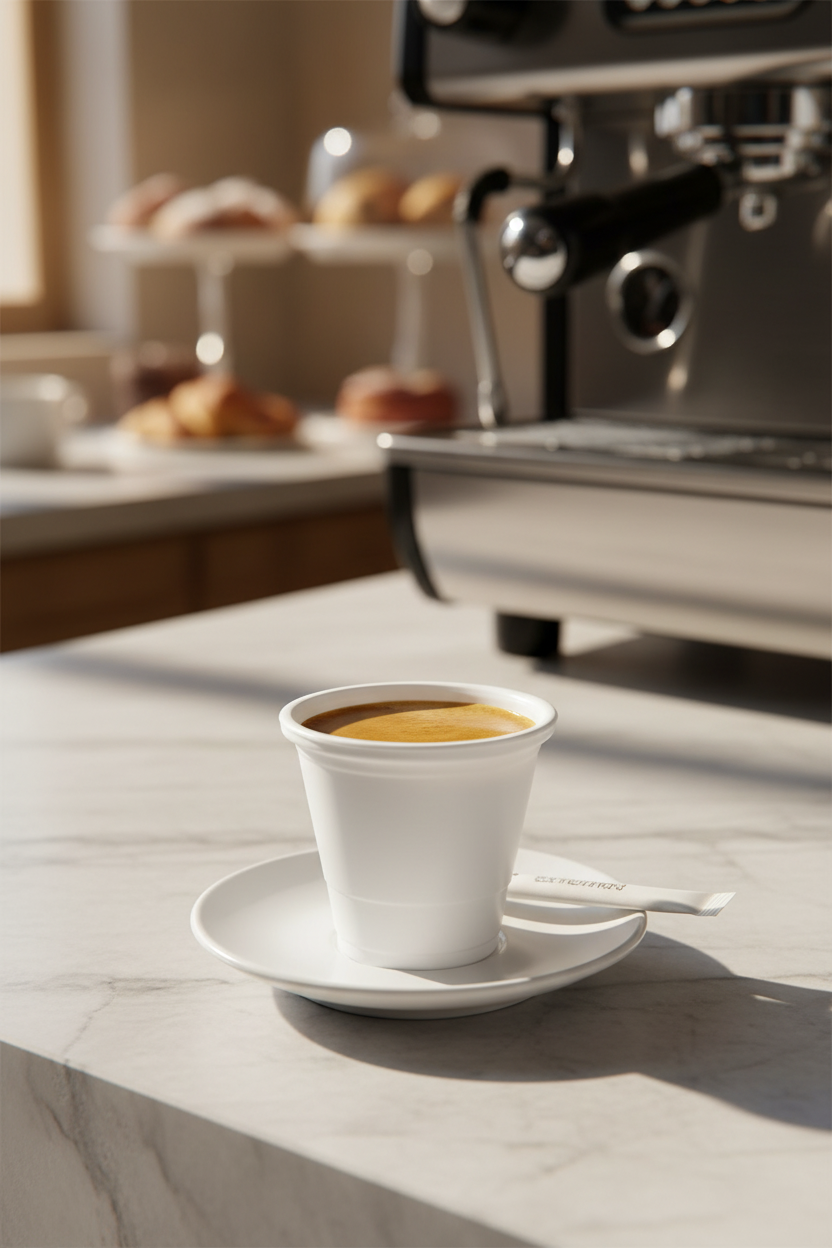 Copo de café de plástico de 80ml com expresso no balcão de um café