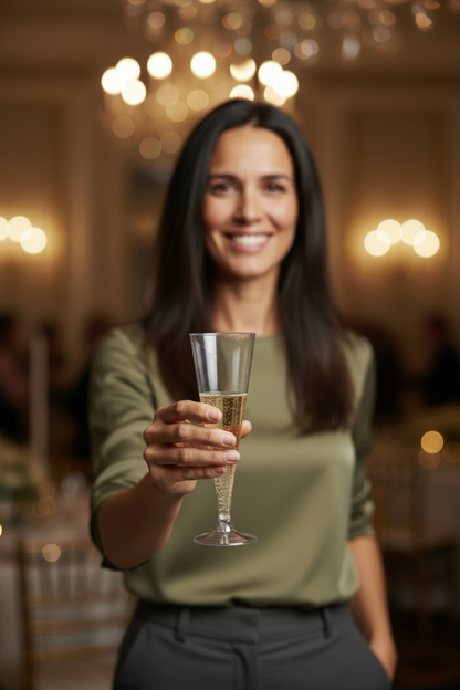 Mulher num evento a segurar um copo flute de plástico com espumante
