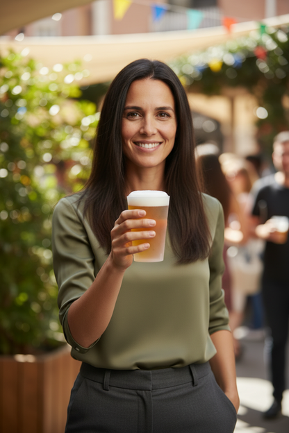 Mulher numa esplanada a segurar um copo imperial reutilizável com cerveja